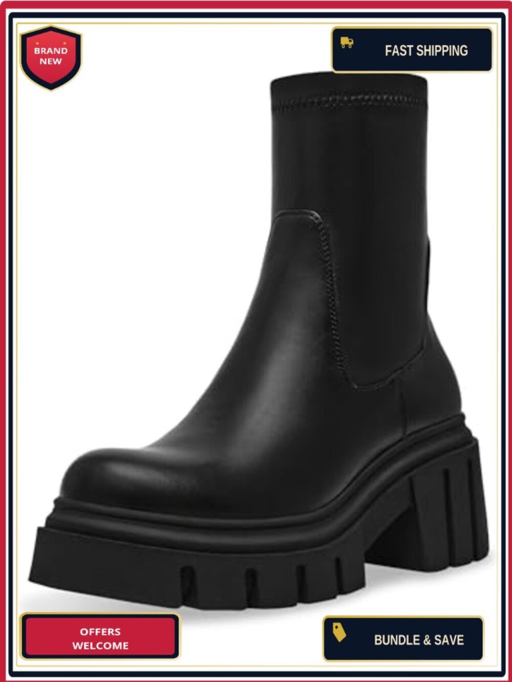 Vegan Leather Chelsea Ankle Boots Block Heel Pull-On Round Toe